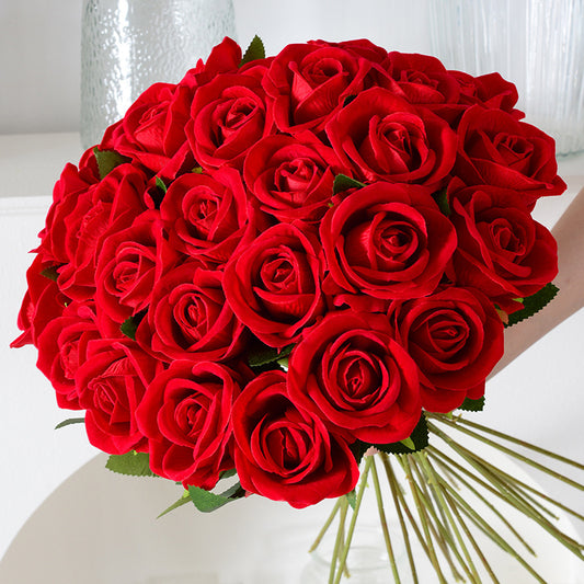 Simulation Rose Single Hand Flannel Home Wedding Decoration Valentine's Day Artificial Flower Fake Flower Wholesale