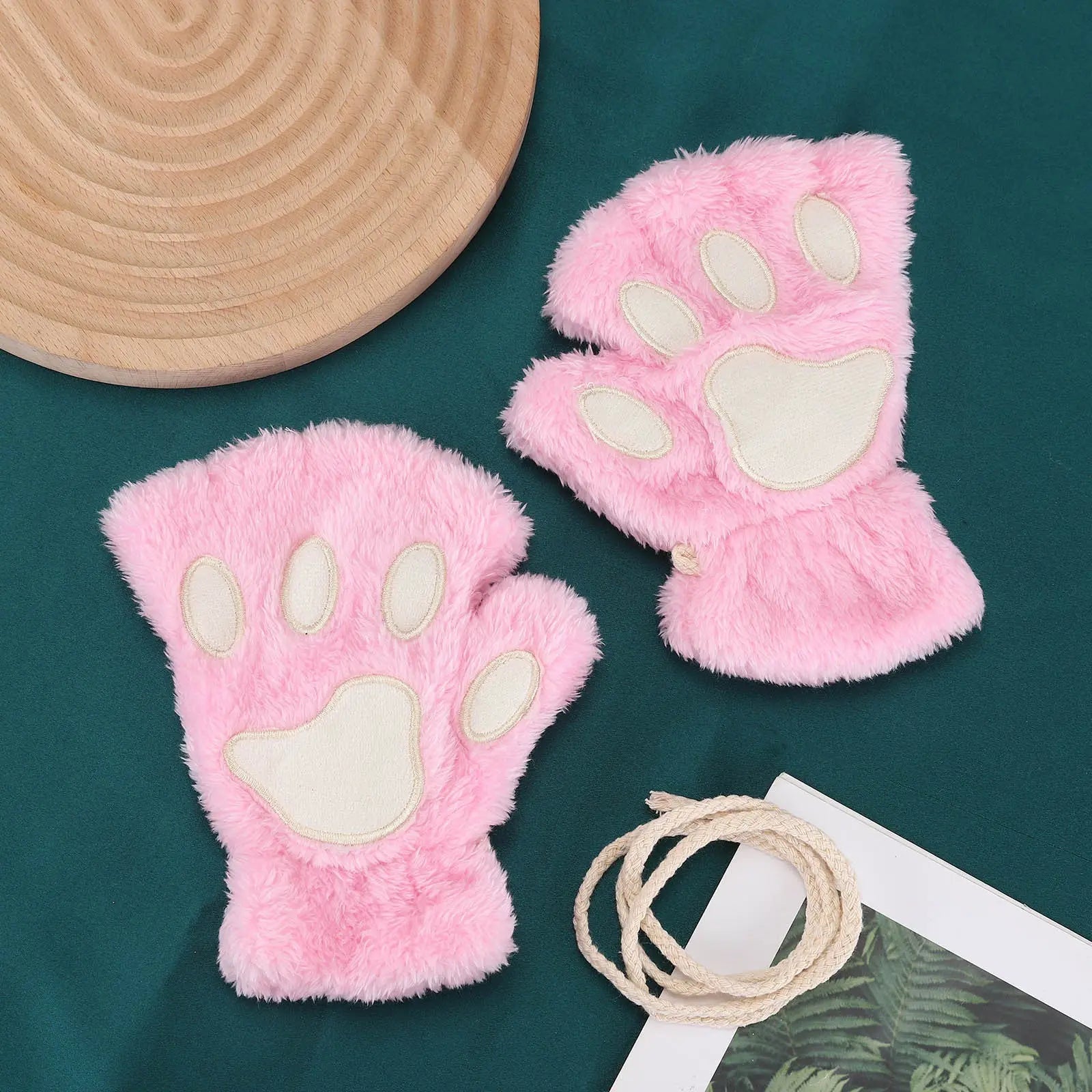 Cat Claw Gloves For Women Winter Korean Style Cute Girls Fingerless Thickened Warm Bear Paw Plush Half Finger Gloves