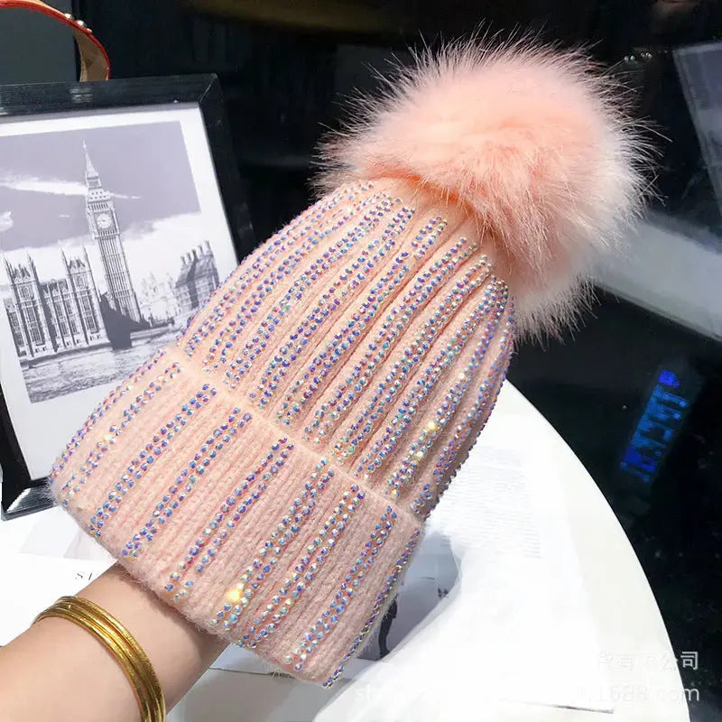 Knitted Woolen Hat Women's Bright Diamond Matching Fur Ball Hat All-match Winter Plus Velvet Thickened Warm Pullover Hat Cold Hat Women