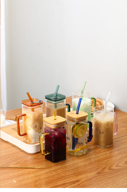 Square Glass Cup With Color Handle Milk Juice Cup Transparent Simple Household Cup Borosilicate Glass Water Cup