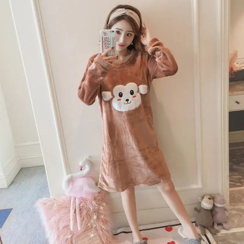 Pajamas For Women, Winter Nightgown, Women's Autumn And Winter Long-sleeved Thickened Student Korean Version Of Cute Cartoon Home Clothes