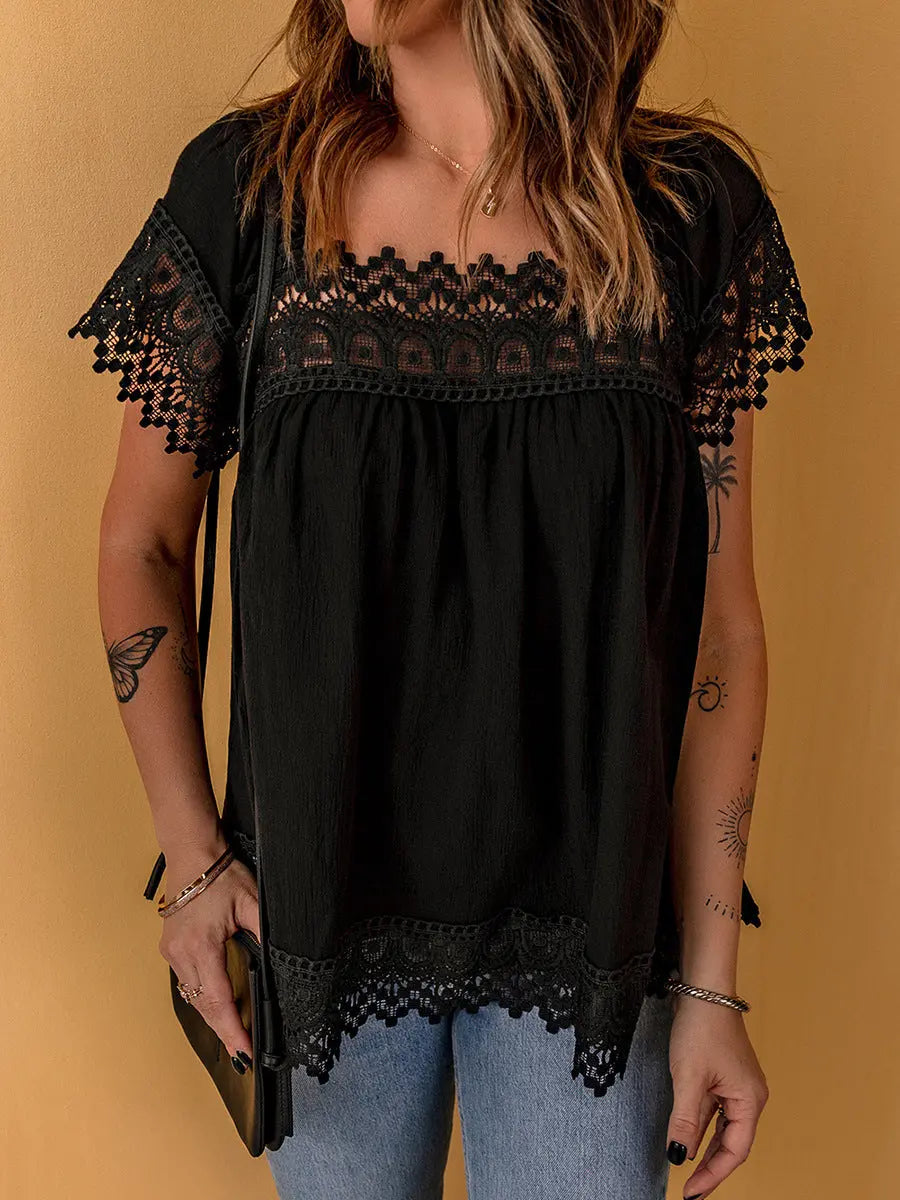 A model wearing a lace blouse in different colors, showcasing its intricate detailing and stylish fit for a modern, elegant look
