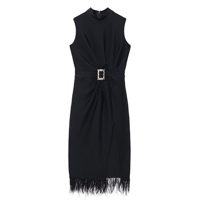 Spot 2022 Summer Dress New Korean Style Temperament Waist Slim Split Black Feather Professional Dress Fashion Female
