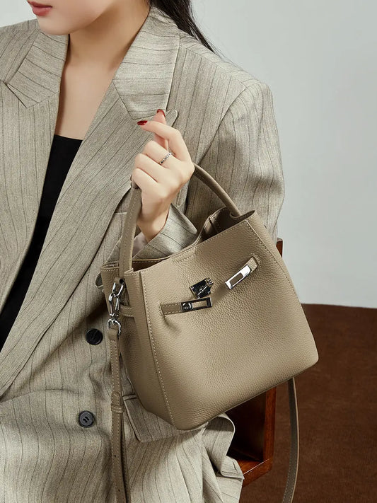 Women's Pebble-Grain Cowhide Leather Mini Bucket Bag