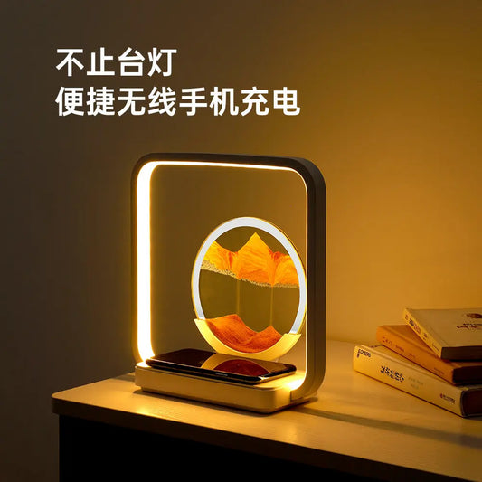 Internet Celebrity Gift Quicksand Lamp LED Desktop Atmosphere Hourglass Night Light 3D Quicksand Painting Mobile Phone Wireless Charging Desk Lamp