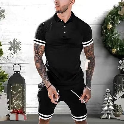 Men’s polo shirt & shorts set available in black, navy blue, gray, white, light blue, and dark green – featuring white stripe accents, breathable fabric, and versatile styling