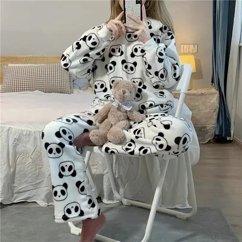 Year Of The Rabbit Pajamas Women Autumn And Winter Coral Fleece Korean Style Long-sleeved Plush Thick Flannel Cute Home Clothes Suit For Women