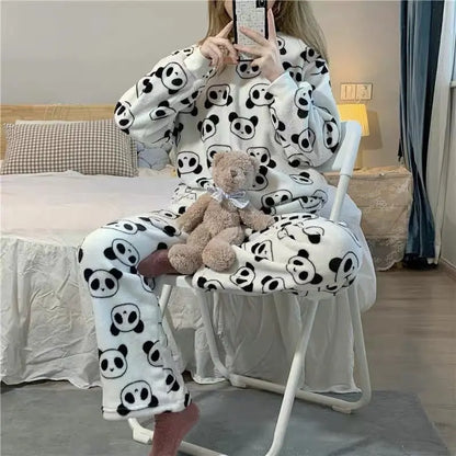 Year Of The Rabbit Pajamas Women Autumn And Winter Coral Fleece Korean Style Long-sleeved Plush Thick Flannel Cute Home Clothes Suit For Women