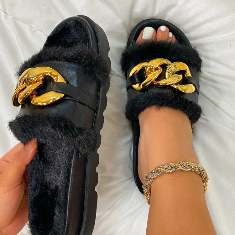 AliExpress Independent Station Foreign Trade Wool Slippers Medium Heel Round Toe Metal Chain Wool Shoes Women Winter Outerwear Black Slippers