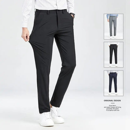 Men's Trousers Ice Silk High Elastic Men's Summer Casual Dress Pants Suit Pants Straight Drape Light Business Long Trousers