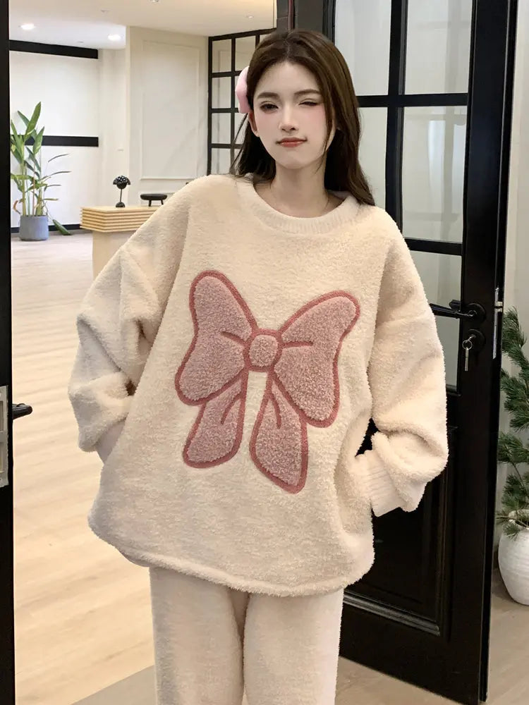 Korean Ins Coral Velvet Pajamas For Women Autumn And Winter Long-sleeved Flannel Sweet Students Soft Thickened Home Clothes