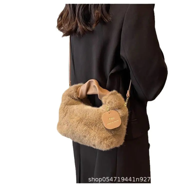 Women's Fluffy Mini Shoulder Bag with Ruched Handle