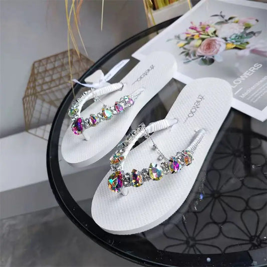 Flip-flops Women's 2022 Summer New Outer Wear Korean Version Net Red Rhinestones Flat Bottom Sandals And Slippers Beach Shoes Women's Wholesale
