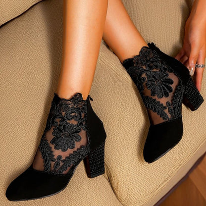Lace Mesh Block Heel Ankle Boots - Elegant Floral Sheer