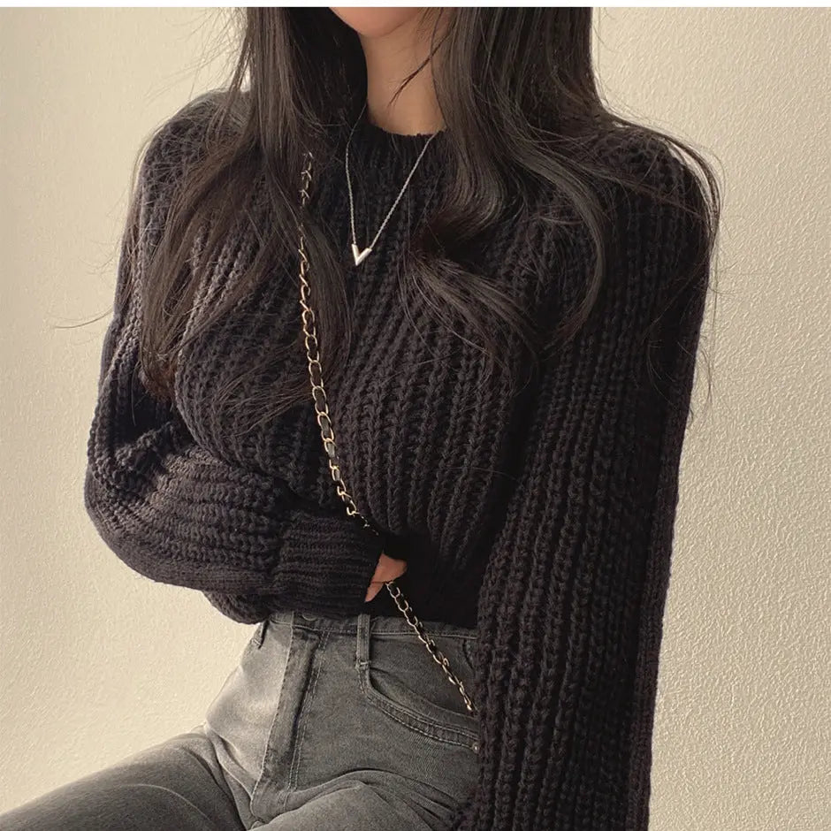 Korean Style Age-reducing Pink Puff Sleeve Soft Waxy Sweater For Women In Autumn And Winter Fashion Royal Sister Style Loose Pullover Knitted Top