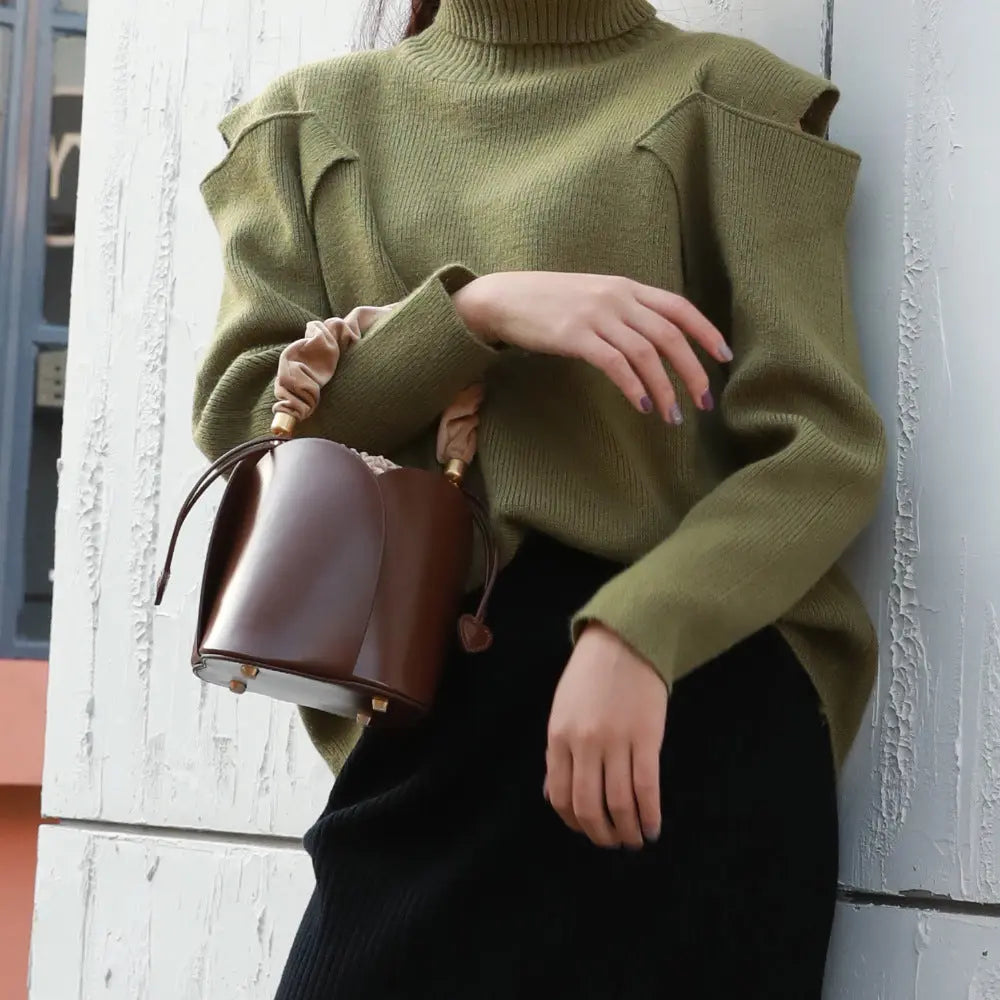 Women's Cow Leather Mini Bucket Bag with Ruched Handle