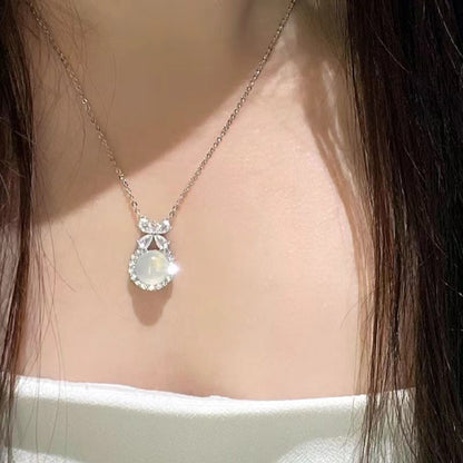 Bow White Chalcedony Necklace Zircon Clavicle Chain Flower Advanced Niche Necklace Female Tanabata Valentine's Day Gift