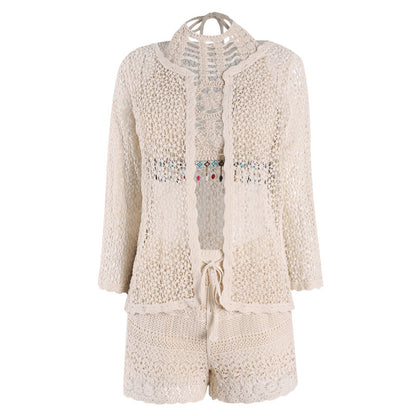 Fashionable Beach Holiday Ethnic Style Bikini Knitted Sexy Hollow Backless Small Suspenders Shorts Outer Shirt Three-piece Set