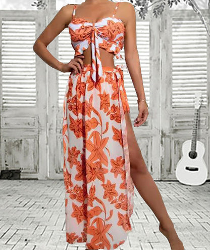 Three-piece Plant Print Bikini Swimsuit.
