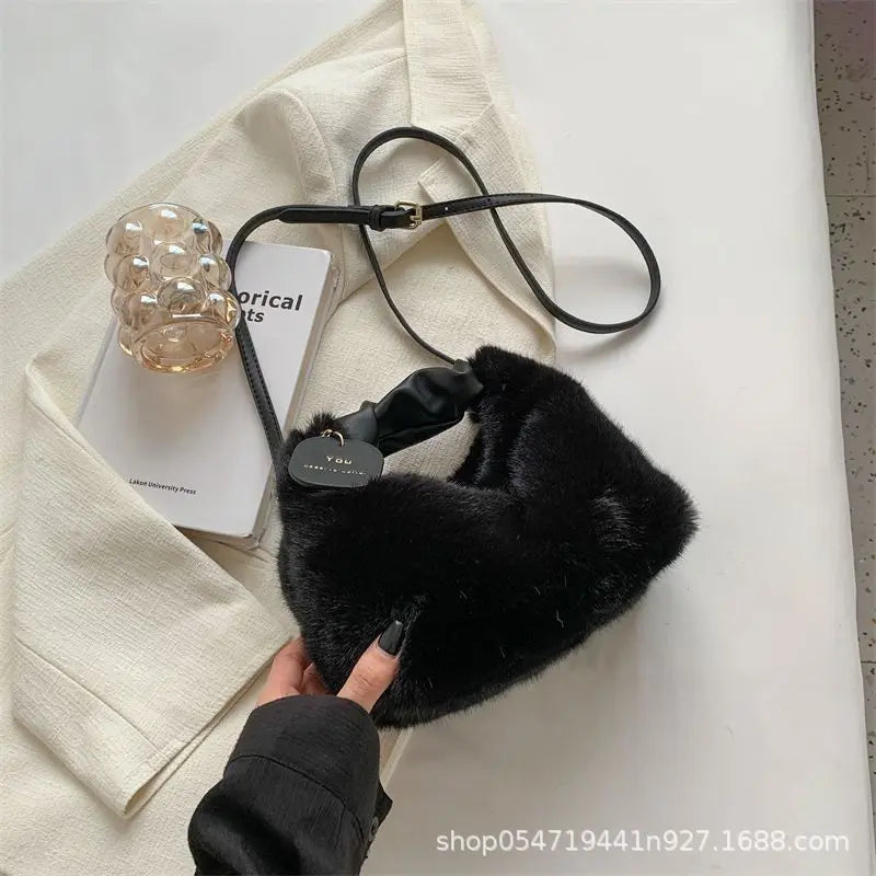 Women's Fluffy Mini Shoulder Bag with Ruched Handle