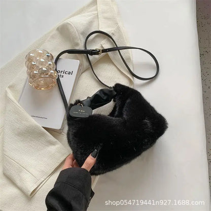 Women's Fluffy Mini Shoulder Bag with Ruched Handle