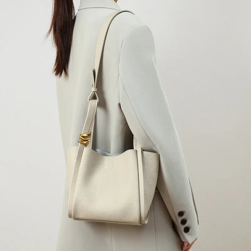 Women's Cowhide Leather Bucket Tote Bag with Inner Pouch