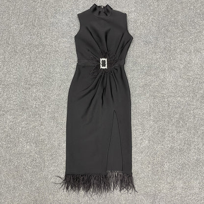 Spot 2022 Summer Dress New Korean Style Temperament Waist Slim Split Black Feather Professional Dress Fashion Female