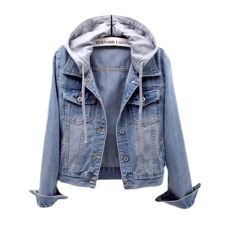 Denim Short Coat Women's Short New Long-sleeved Slim-fit Hooded Jacket All-match Student Top