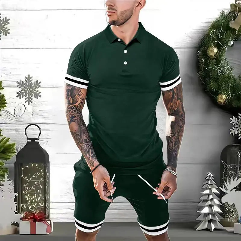 Men’s polo shirt & shorts set available in black, navy blue, gray, white, light blue, and dark green – featuring white stripe accents, breathable fabric, and versatile styling