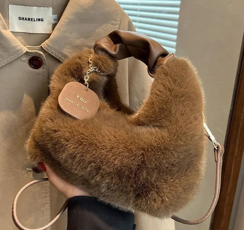 Women's Fluffy Mini Shoulder Bag with Ruched Handle