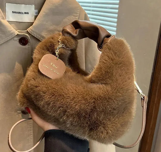 Women's Fluffy Mini Shoulder Bag with Ruched Handle
