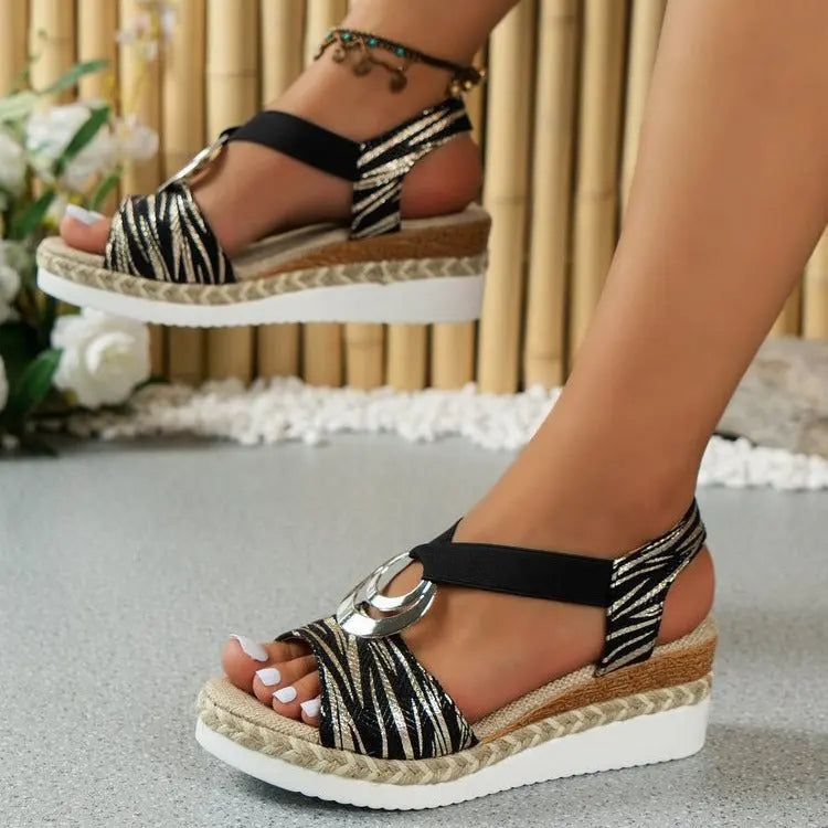 Plus Size Women's Sandals With Metal Buckle Decorative Hemp Rope Wedge Heel Light Toe Sandals