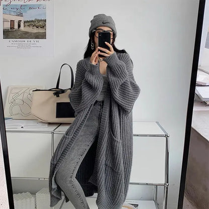 Japanese And Korean Style Lazy Fashion Mid-length Knee-length Sweater Coat Women's Loose All-match Base Long-sleeved Knitted Cardigan Thick Women
