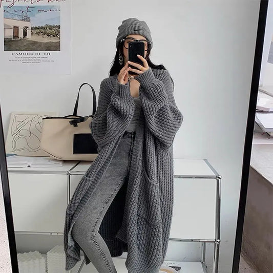 Japanese And Korean Style Lazy Fashion Mid-length Knee-length Sweater Coat Women's Loose All-match Base Long-sleeved Knitted Cardigan Thick Women