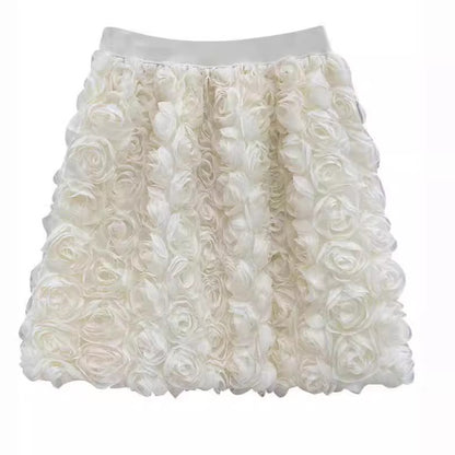 South Korea Elegant White High Waist Three-Dimensional Rose Decorative Feminine Skirt Sweet Age-Reducing A- Line Hip Skirt