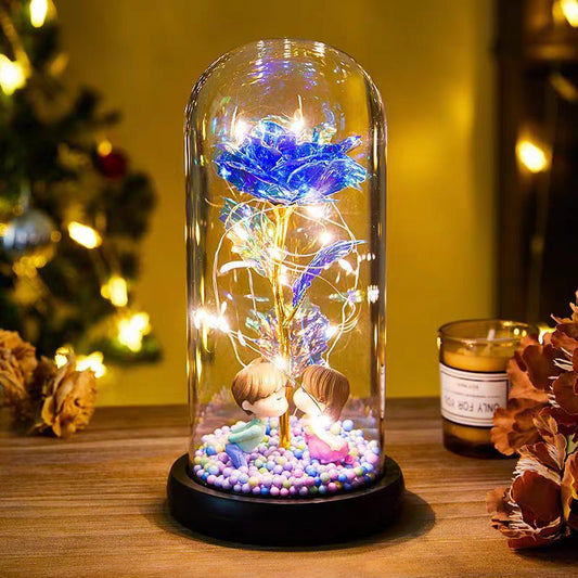 Eternal Rose Simulation Flower Doll Couple Glass Lampshade Tanabata Gift Birthday Gift Nightlight Ornaments