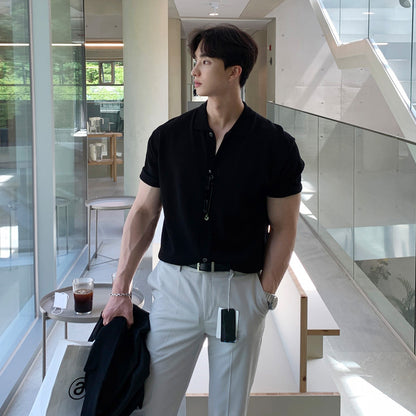 Short-sleeved Men&#039;s Summer New Trendy Men&#039;s All-match Polo Shirt Casual Lapel T-shirt Lazy Style Cardigan Knitted T-shirt Trendy