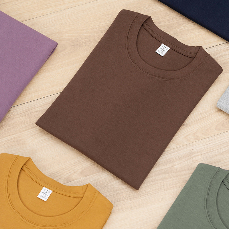 Premium double-sided cotton T-shirt available in white, flower gray, gray green, coffee, navy blue, gallon purple, black, ginger, and another shade of navy blue—featuring a round neck, half sleeves, and thickened breathable fabric for stylish everyday wear.