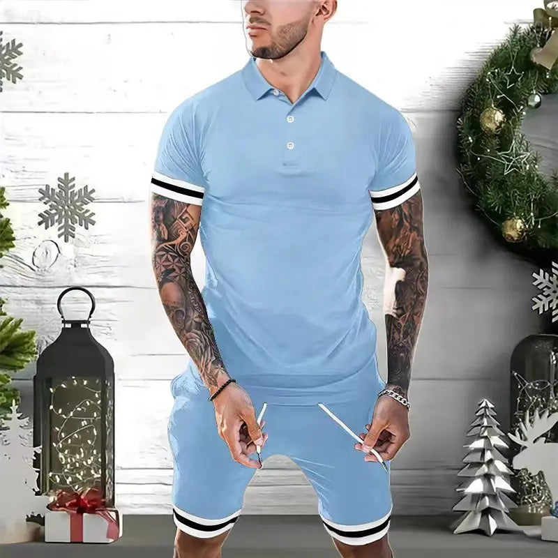 Men’s polo shirt & shorts set available in black, navy blue, gray, white, light blue, and dark green – featuring white stripe accents, breathable fabric, and versatile styling