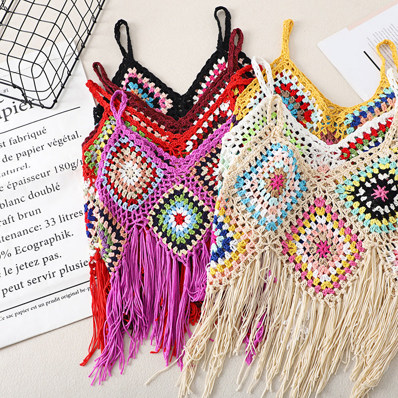 Real Shot Tassel Vest Sling Women&#039;s Summer Ethnic Style Vintage Embroidered Outwear V-neck Travel All-match Knitted Hollow Shirt