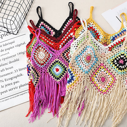 Real Shot Tassel Vest Sling Women&#039;s Summer Ethnic Style Vintage Embroidered Outwear V-neck Travel All-match Knitted Hollow Shirt