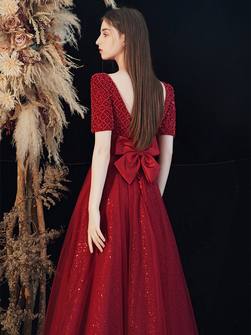 Toast Clothing Atmosphere 2022 New Wine Red Bride Wedding Engagement Evening Dress Back Door Long Sexy Thin Woman