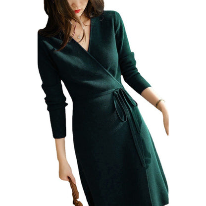 V-neck Knitted Dress Women&#039;s Autumn And Winter French Retro Slim Mid-length Skirt Tie-up High Waist Bottoming Sweater Skirt