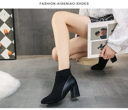 Women's Suede Pointed-Toe Block Heel Ankle Boots