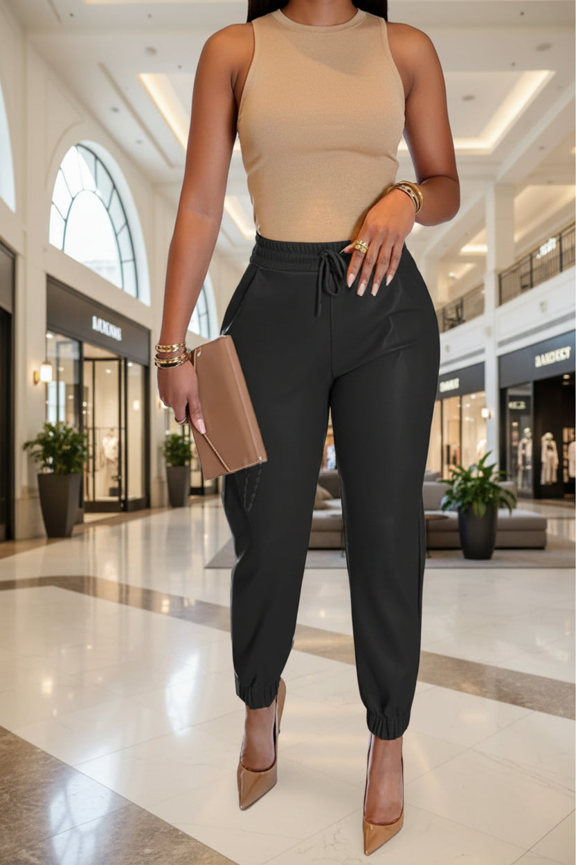 2022 Spring And Summer European And American Amazon New Solid Color Drawstring Pocket PU Leather Casual Fashion Leggings Leather Trousers Women