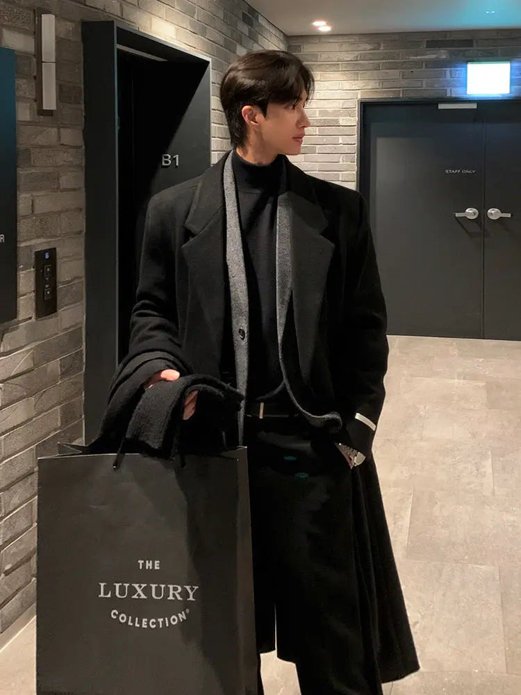 MYQ Woolen Coat Men's Winter Mid-length Knee-length Woolen Coat Korean Style Atmosphere Thickened Warm Coat