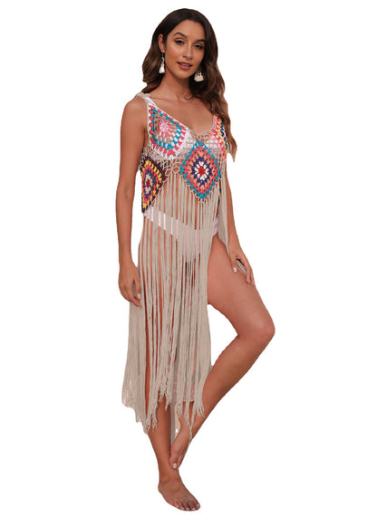 Women&#039;s Clothing Pure Hand Crochet Dress Long Tassel Stitching Beach Blouse Sexy Suspender Skirt Is Now 12 Colors