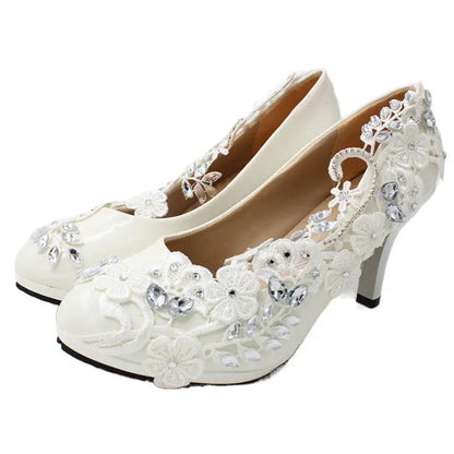 Elegant crystal-embellished bridal heels, handcrafted to order with refined lace detailing.
