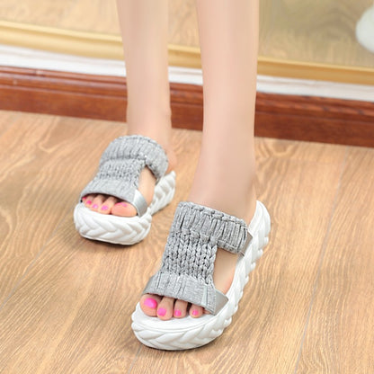 Wool Slippers Women's New Fashionable Korean Style One-word Outer Wear Thick Bottom Platform Sandals Casual Mid-heel Knitted Women's Trendy Shoes