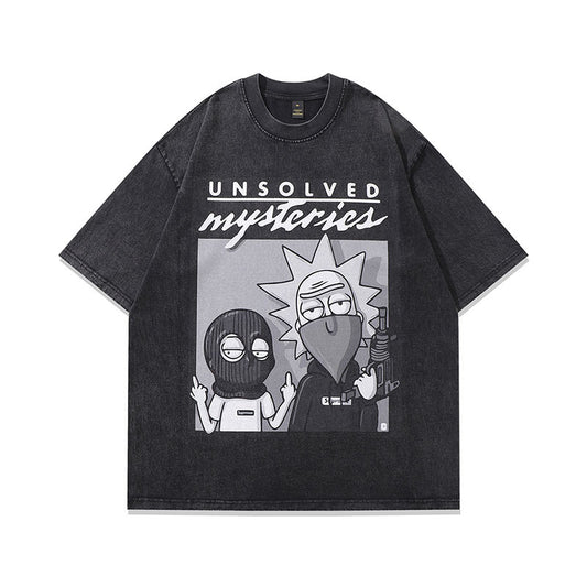 American Style Hip Hop West Coast Cartoon Printed Washed Distressed Half Sleeve T-shirt Men And Women Retro Fashion Brand Dark Short Sleeve T